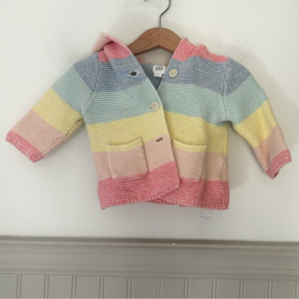 GAP Baby 3-6 Months Cute Knit Rainbow Striped Hooded Sweater